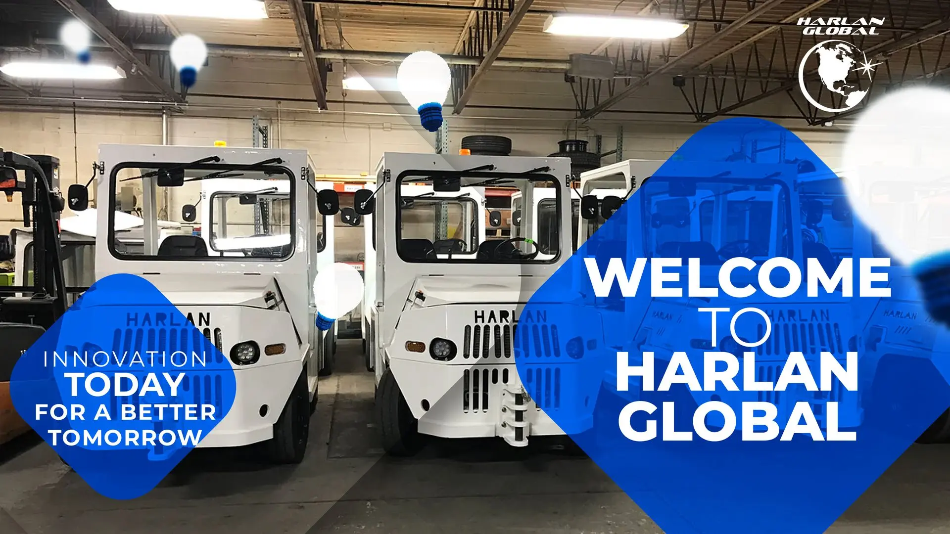 Welcome to Harlan Global: trusted for over 60 years in GSE innovation. Supplying parts even when manufacturers stop. Harlan Tractors with text ‘Welcome to Harlan Global’ and ‘Innovation today for a better tomorrow.’