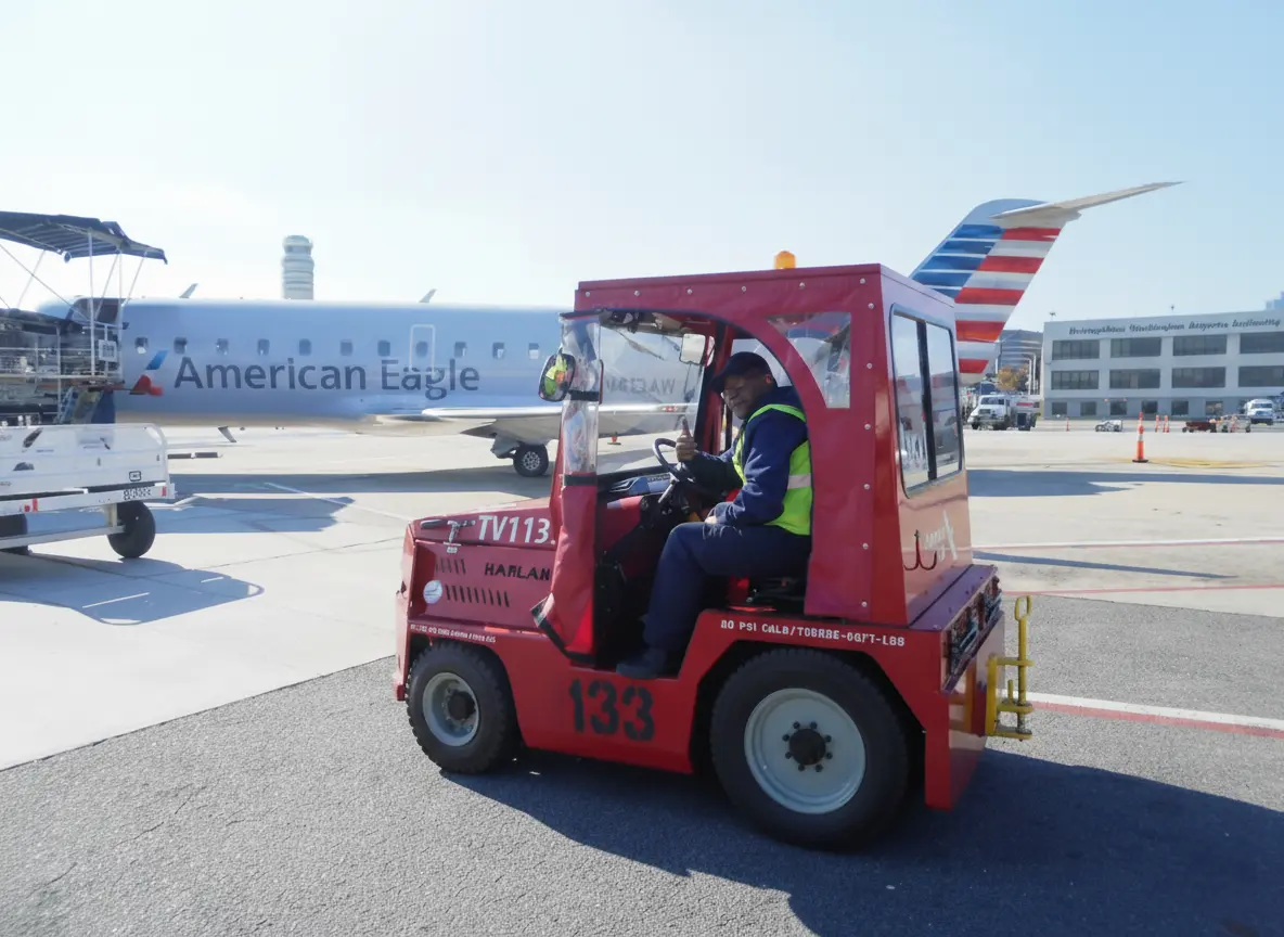 A worker in a safety vest gives a thumbs-up from the driver's seat of a red Harlan tractor, parked on a sunny airport tarmac with an American Eagle jet in the background.